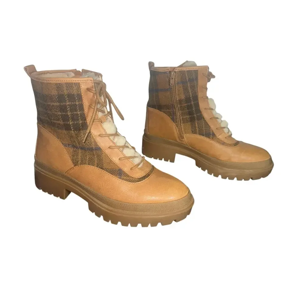 Lucky Brand LP-EDIVE Plaid Faux Fur Lace Up Lug Sole Boots Tan Brown Sz 10